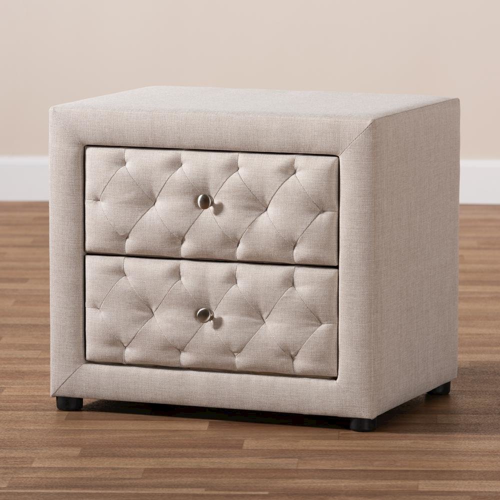 Light Beige Fabric Upholstered 2-Drawer Wood Nightstand. Picture 15
