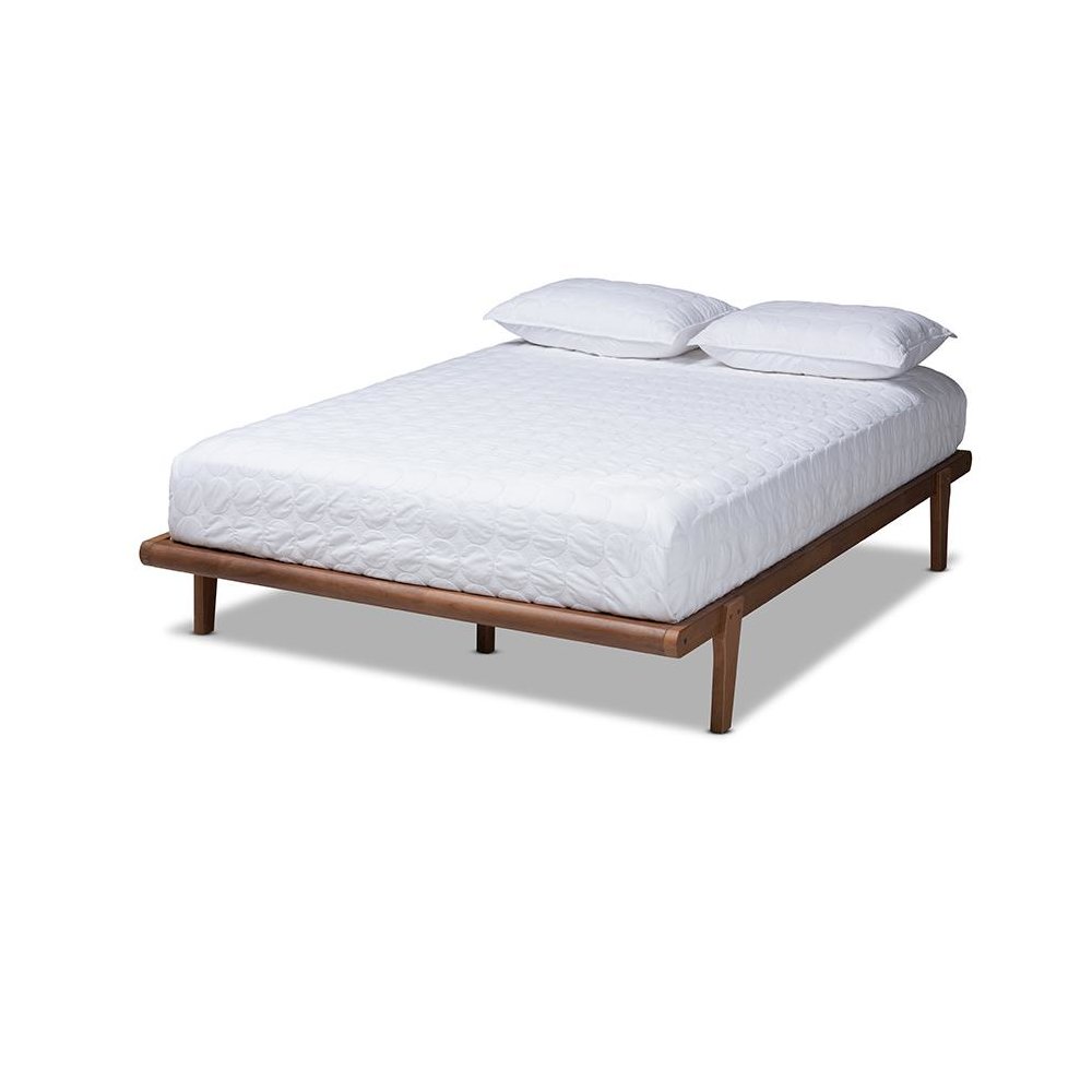 Kaia Mid-Century Modern Walnut Brown Finished Wood Queen Size Platform Bed Frame. Picture 1