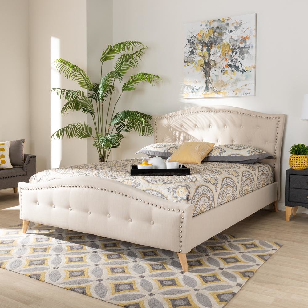 Beige Fabric Upholstered and Button Tufted King Size Platform Bed. Picture 10