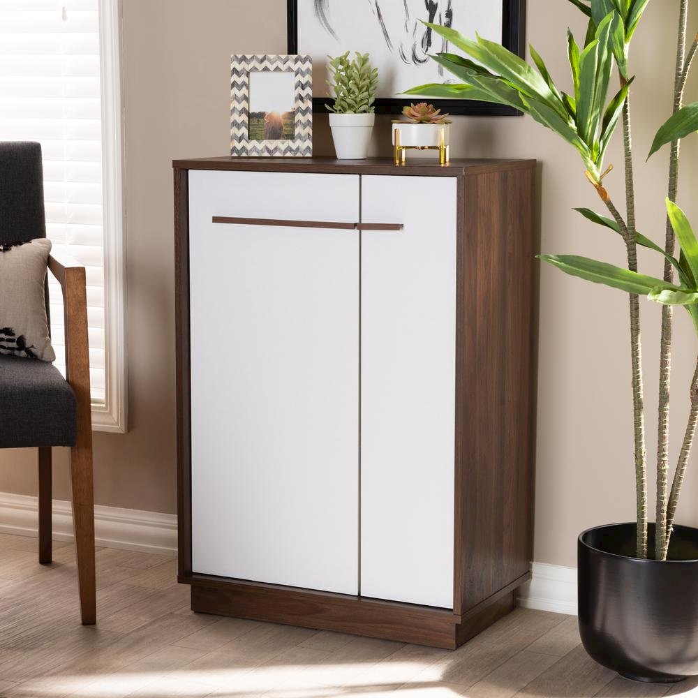 Two-Tone White and Walnut Finished 5-Shelf Wood Entryway Shoe Cabinet. Picture 15