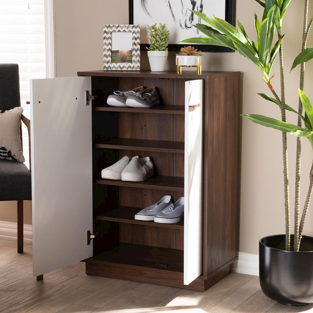 Two-Tone White and Walnut Finished 5-Shelf Wood Entryway Shoe Cabinet. Picture 16