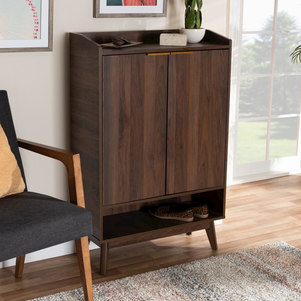 Lena Mid-Century Modern Walnut Brown Finished 5-Shelf Wood Entryway Shoe Cabinet. Picture 17