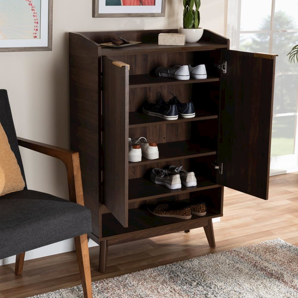 Lena Mid-Century Modern Walnut Brown Finished 5-Shelf Wood Entryway Shoe Cabinet. Picture 18
