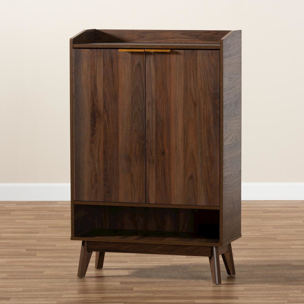 Lena Mid-Century Modern Walnut Brown Finished 5-Shelf Wood Entryway Shoe Cabinet. Picture 11