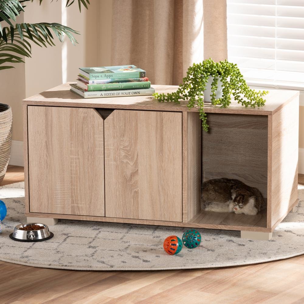 Oak Finished 2-Door Wood Cat Litter Box Cover House. Picture 17