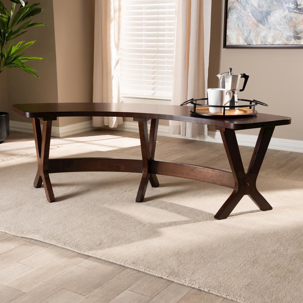 Baxton Studio Berlin Mid-Century Modern Walnut Finished Wood Curved Dining Bench. Picture 12