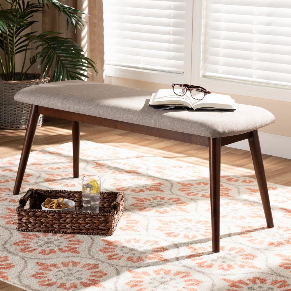 Light Grey Fabric Upholstered Walnut Finished Wood Dining Bench. Picture 14