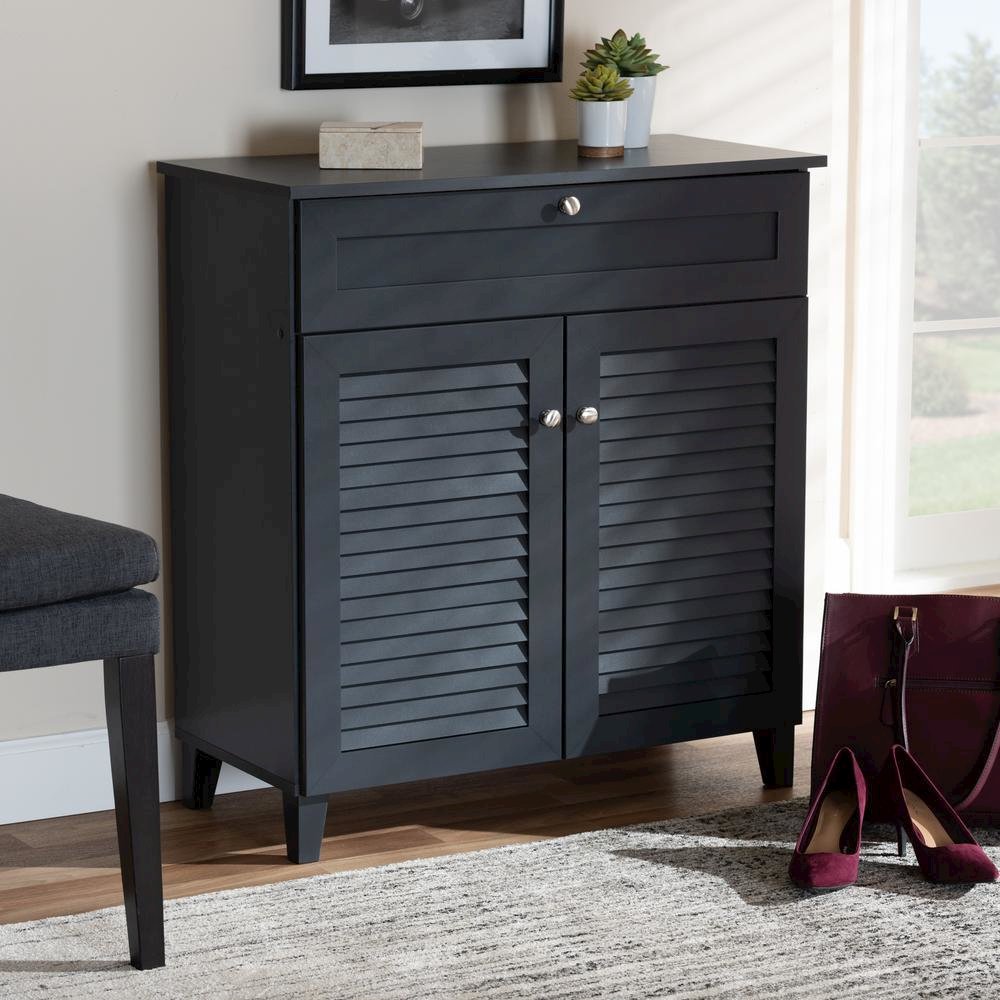 Dark Grey Finished 4-Shelf Wood Shoe Storage Cabinet with Drawer. Picture 17