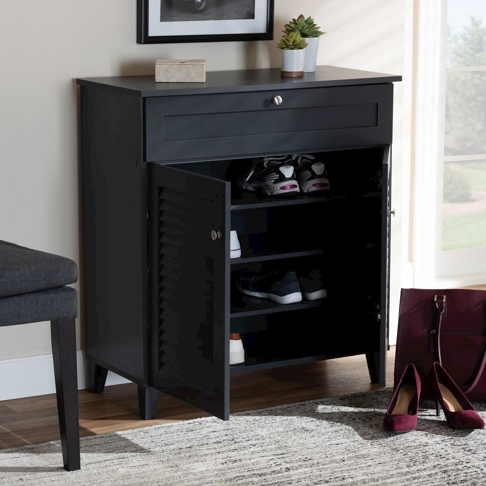 Dark Grey Finished 4-Shelf Wood Shoe Storage Cabinet with Drawer. Picture 11