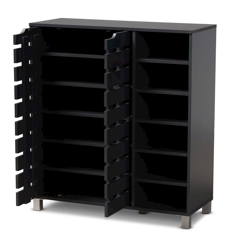 Dark Grey Finished 2-Door Wood Shoe Storage Cabinet with Open Shelves. Picture 12