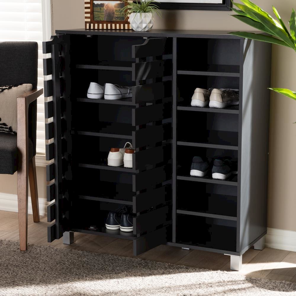 Dark Grey Finished 2-Door Wood Shoe Storage Cabinet with Open Shelves. Picture 18