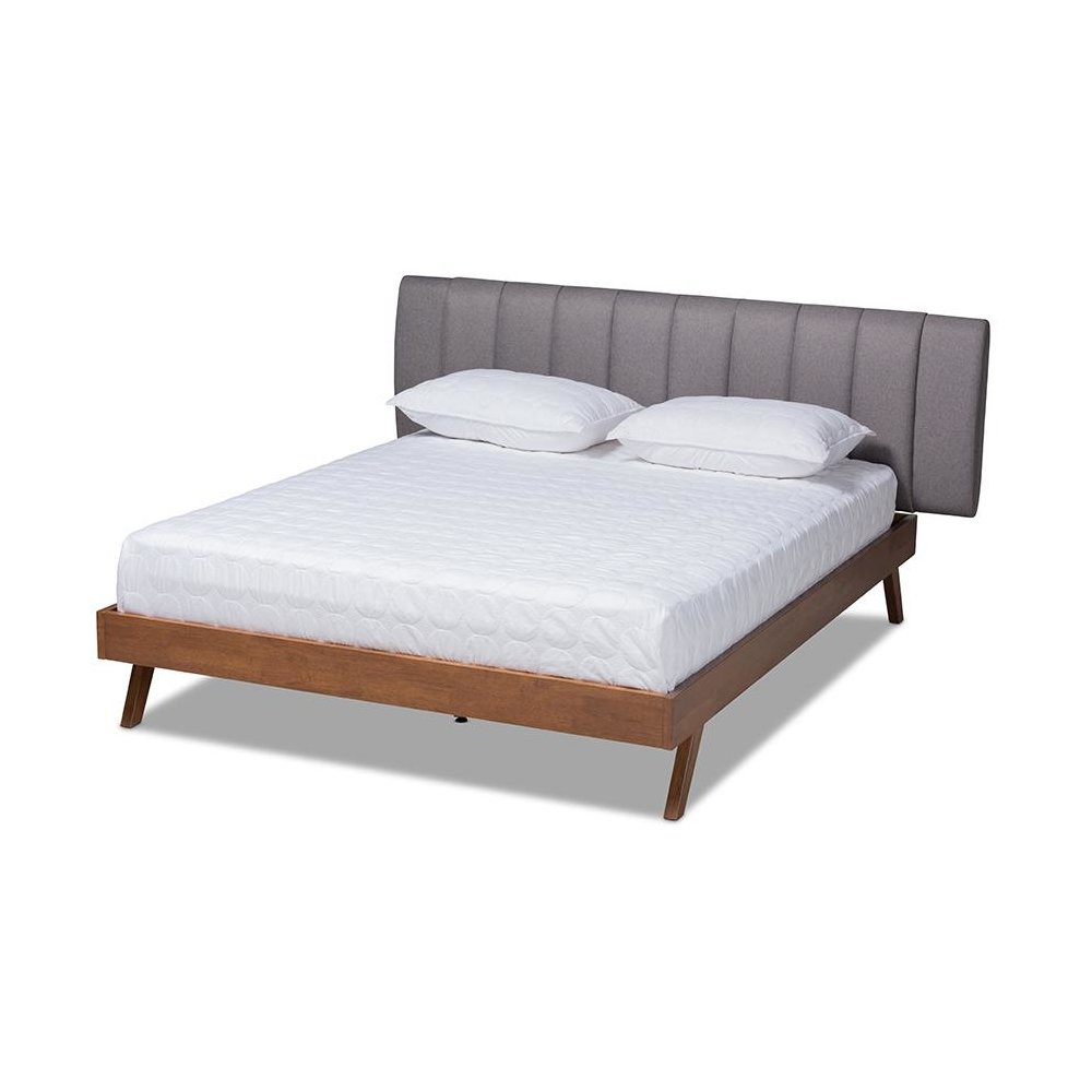 Grey Fabric Upholstered Walnut Finished Wood King Size Bed. Picture 1