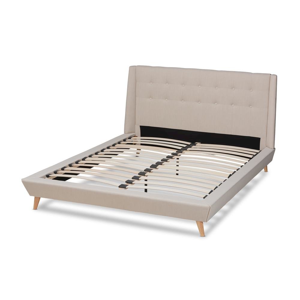 Naya Mid-Century Modern Beige Fabric Upholstered King Size Wingback Platform Bed. Picture 12
