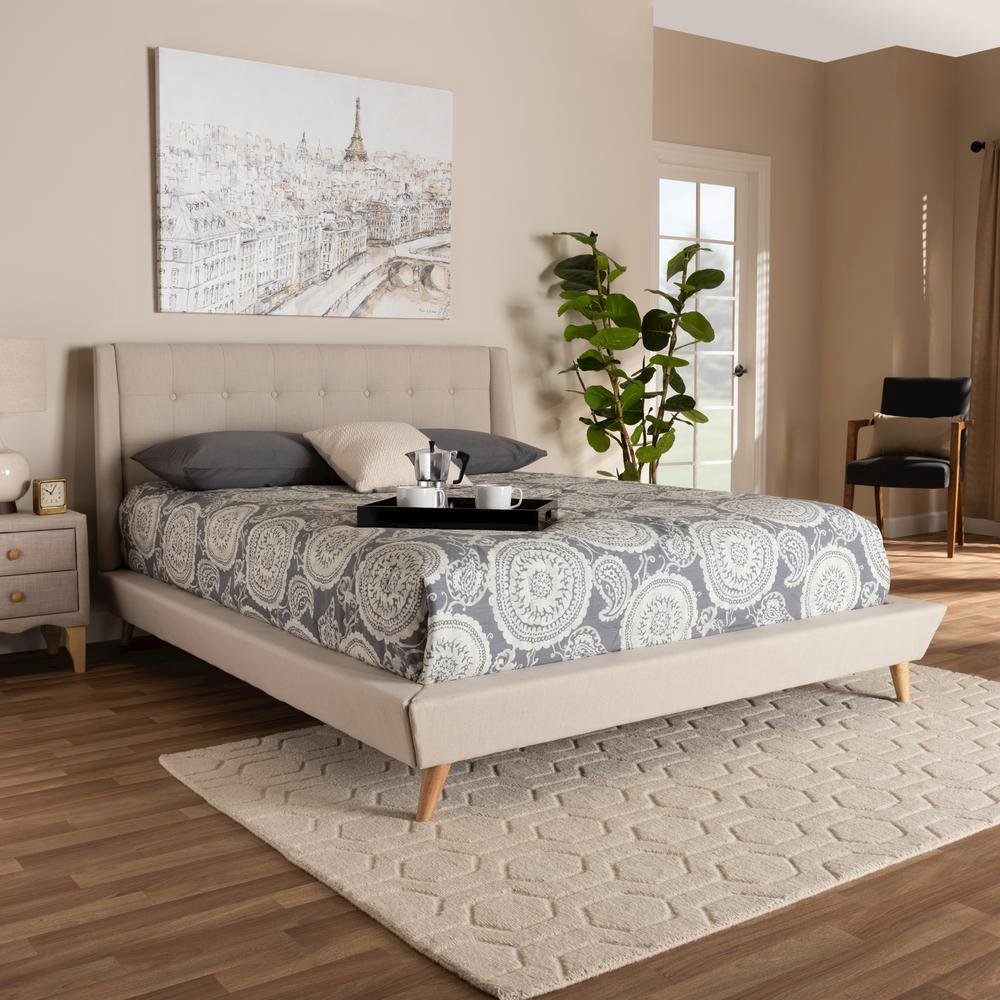 Naya Mid-Century Modern Beige Fabric Upholstered King Size Wingback Platform Bed. Picture 10