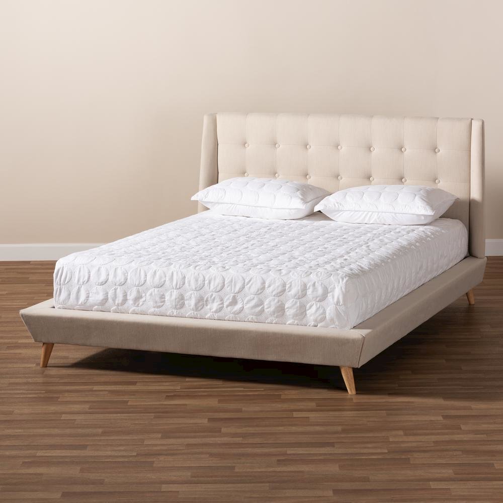 Naya Mid-Century Modern Beige Fabric Upholstered King Size Wingback Platform Bed. Picture 16