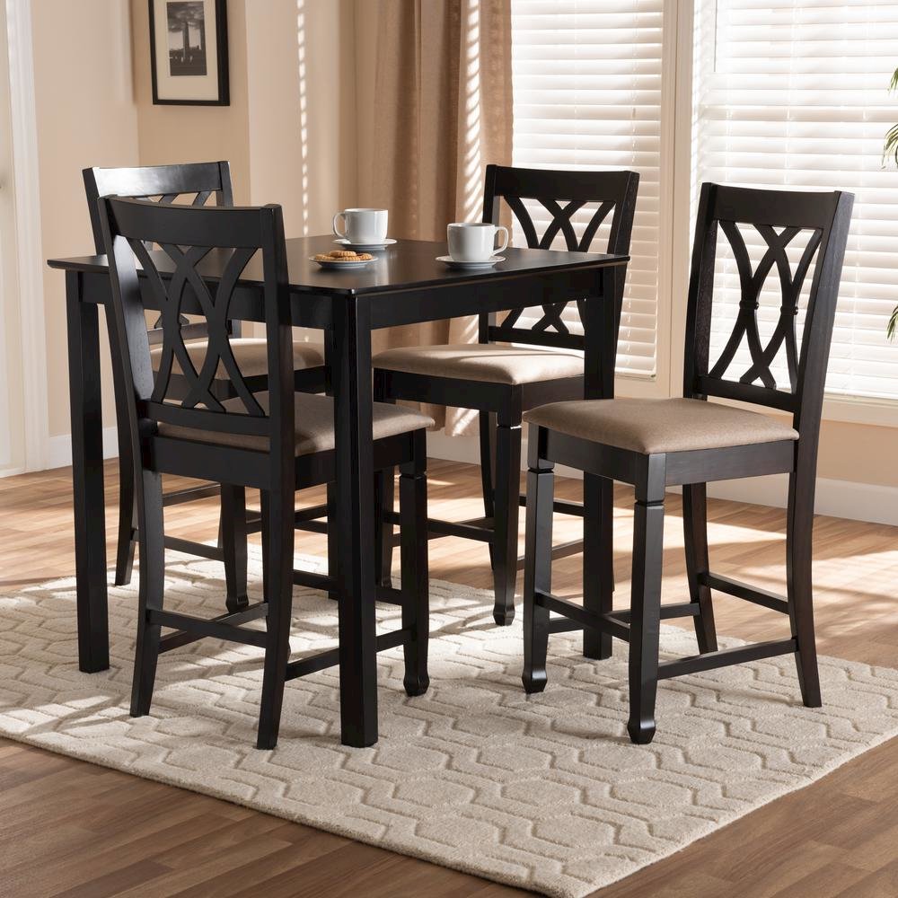 Sand Fabric Upholstered Espresso Brown Finished 5-Piece Wood Pub Set. Picture 12