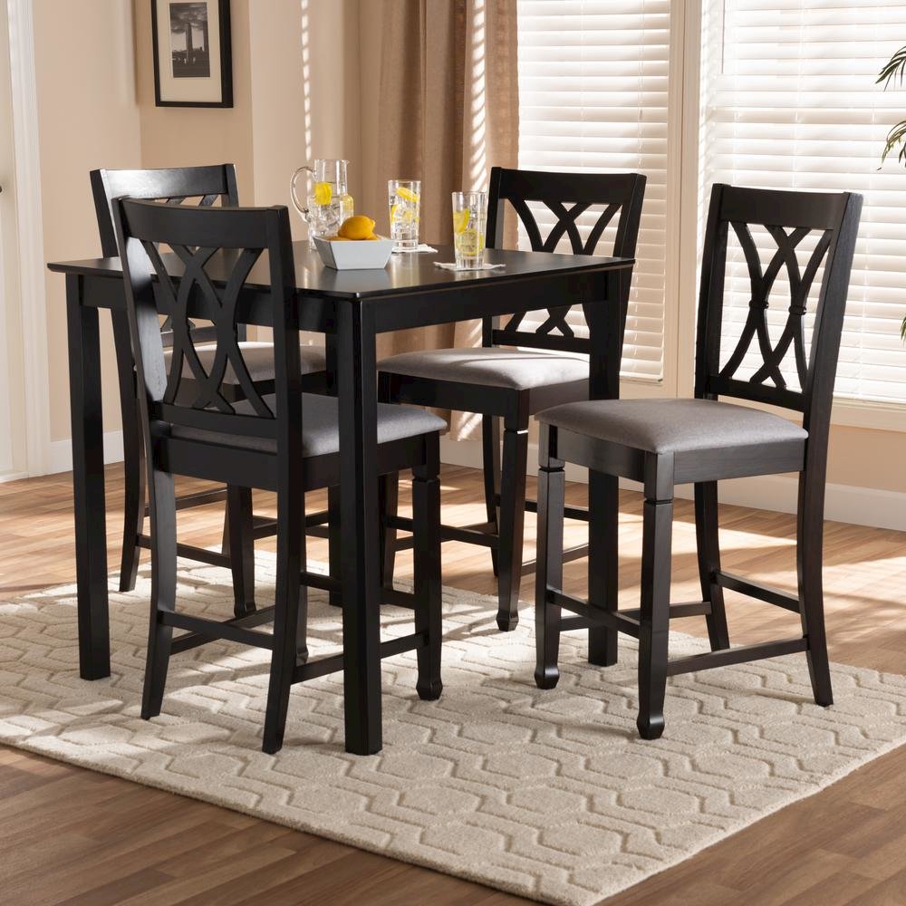 Gray Fabric Upholstered Espresso Brown Finished 5-Piece Wood Pub Set. Picture 12