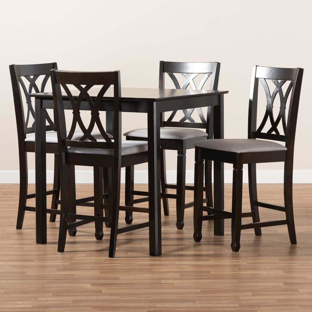 Gray Fabric Upholstered Espresso Brown Finished 5-Piece Wood Pub Set. Picture 8