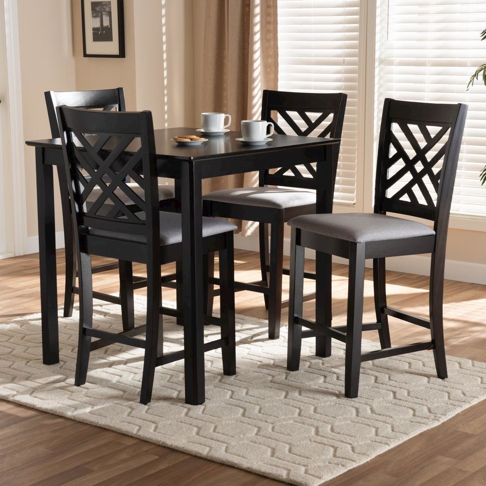 Gray Fabric Upholstered Espresso Brown Finished 5-Piece Wood Pub Set. Picture 12