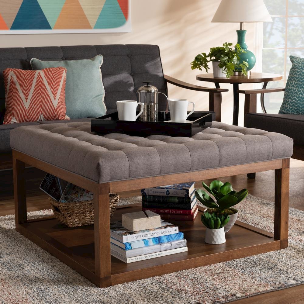 Grey Fabric Upholstered Walnut Finished Cocktail Ottoman. Picture 12