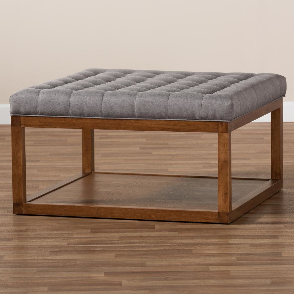 Grey Fabric Upholstered Walnut Finished Cocktail Ottoman. Picture 13