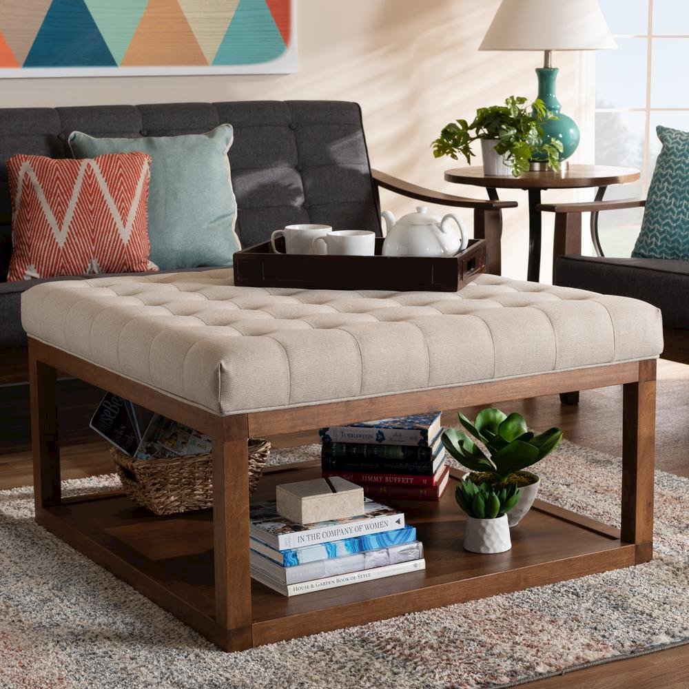 Beige Fabric Upholstered Walnut Finished Cocktail Ottoman. Picture 12
