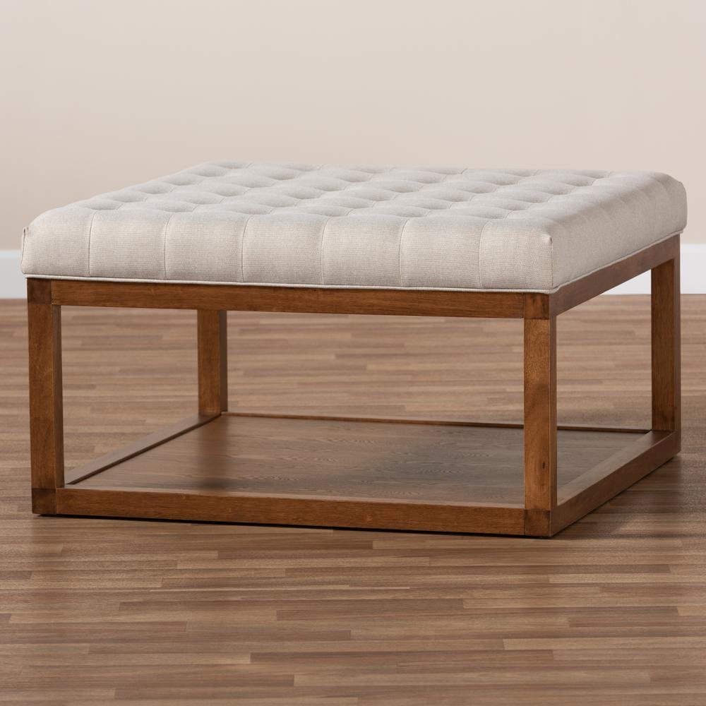 Beige Fabric Upholstered Walnut Finished Cocktail Ottoman. Picture 13