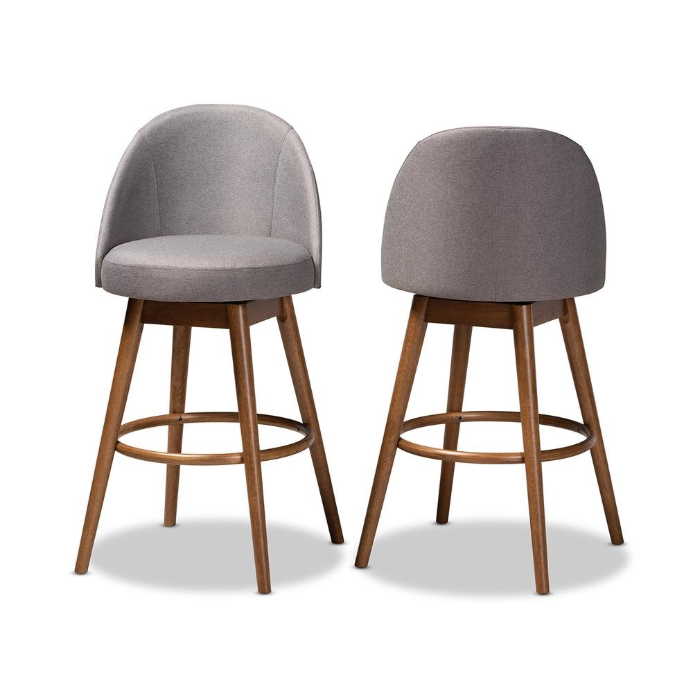 Grey Fabric Upholstered Walnut-Finished Wood Swivel Bar Stool Set of 2. Picture 10