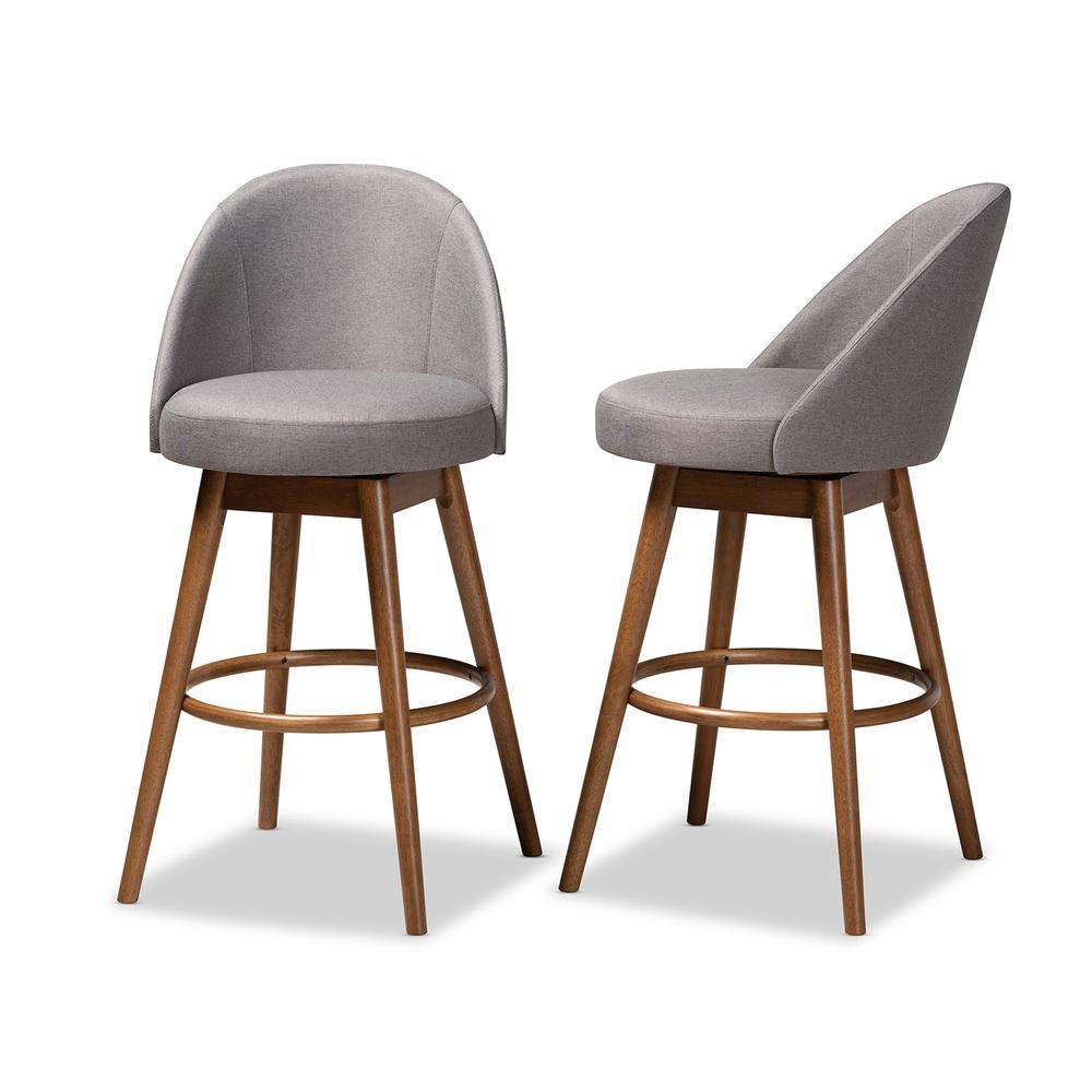 Grey Fabric Upholstered Walnut-Finished Wood Swivel Bar Stool Set of 2. Picture 11