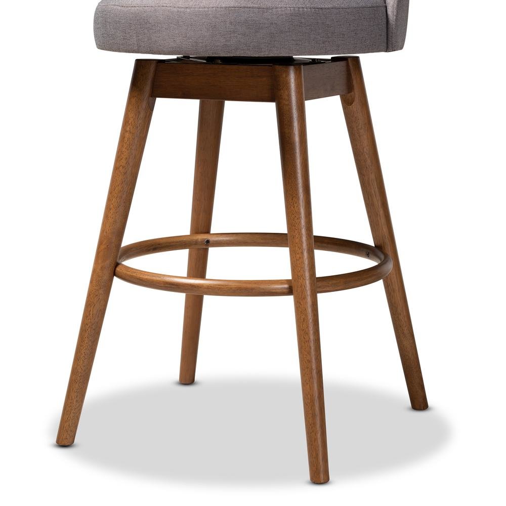Grey Fabric Upholstered Walnut-Finished Wood Swivel Bar Stool Set of 2. Picture 13