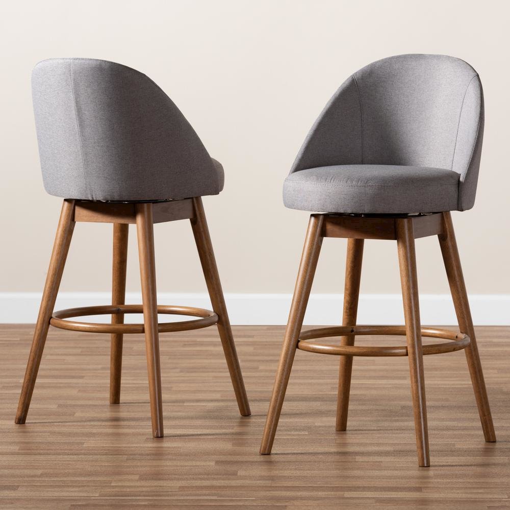 Grey Fabric Upholstered Walnut-Finished Wood Swivel Bar Stool Set of 2. Picture 15