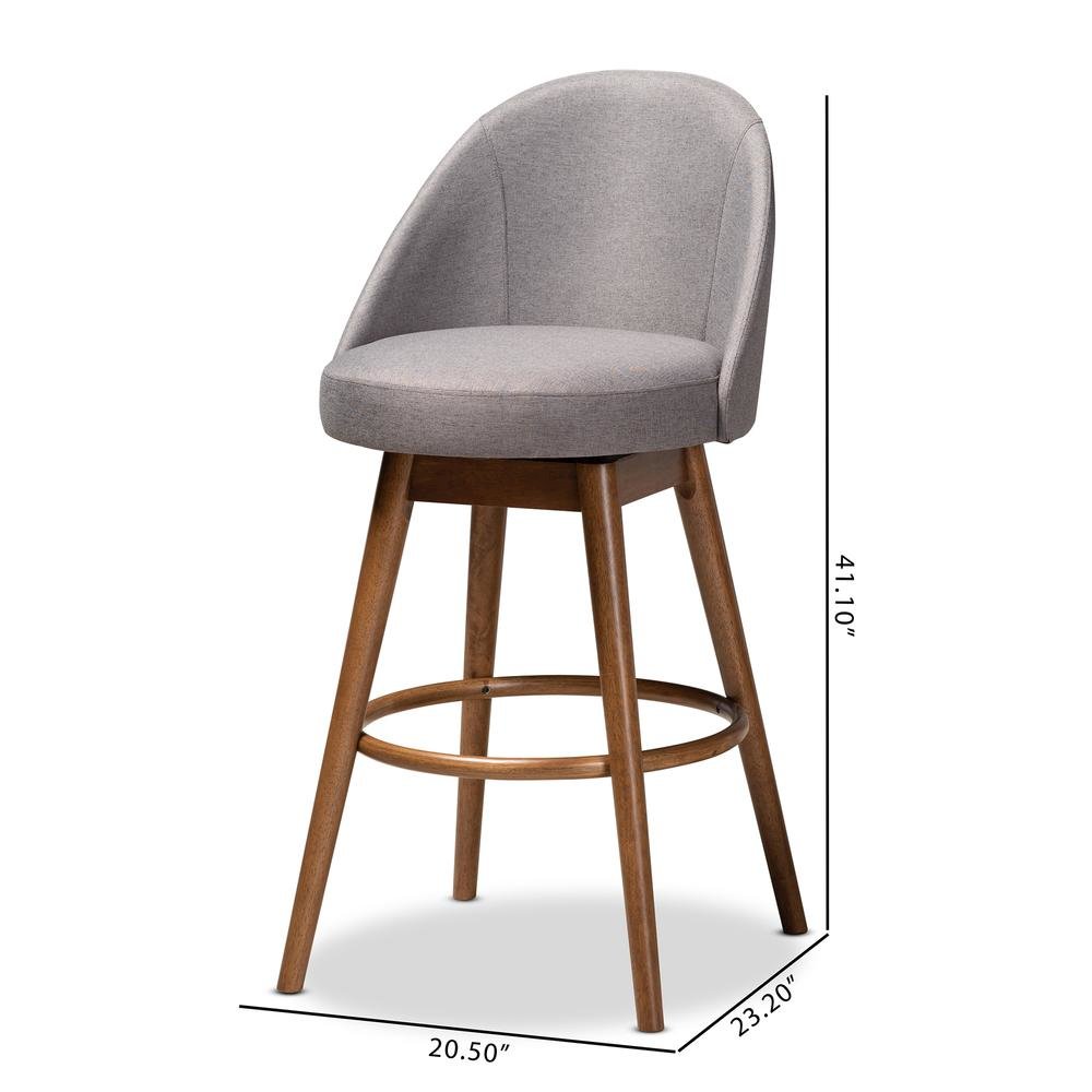 Grey Fabric Upholstered Walnut-Finished Wood Swivel Bar Stool Set of 2. Picture 16