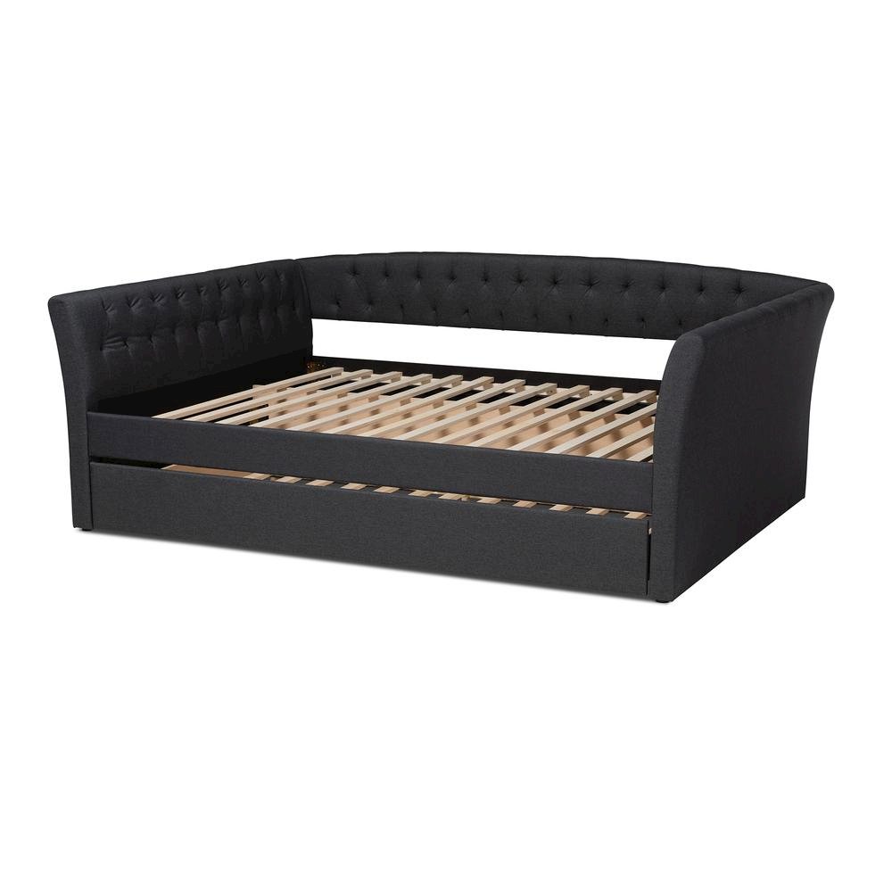 Dark Grey Fabric Upholstered Full Size Daybed with Roll-Out Trundle Bed. Picture 15