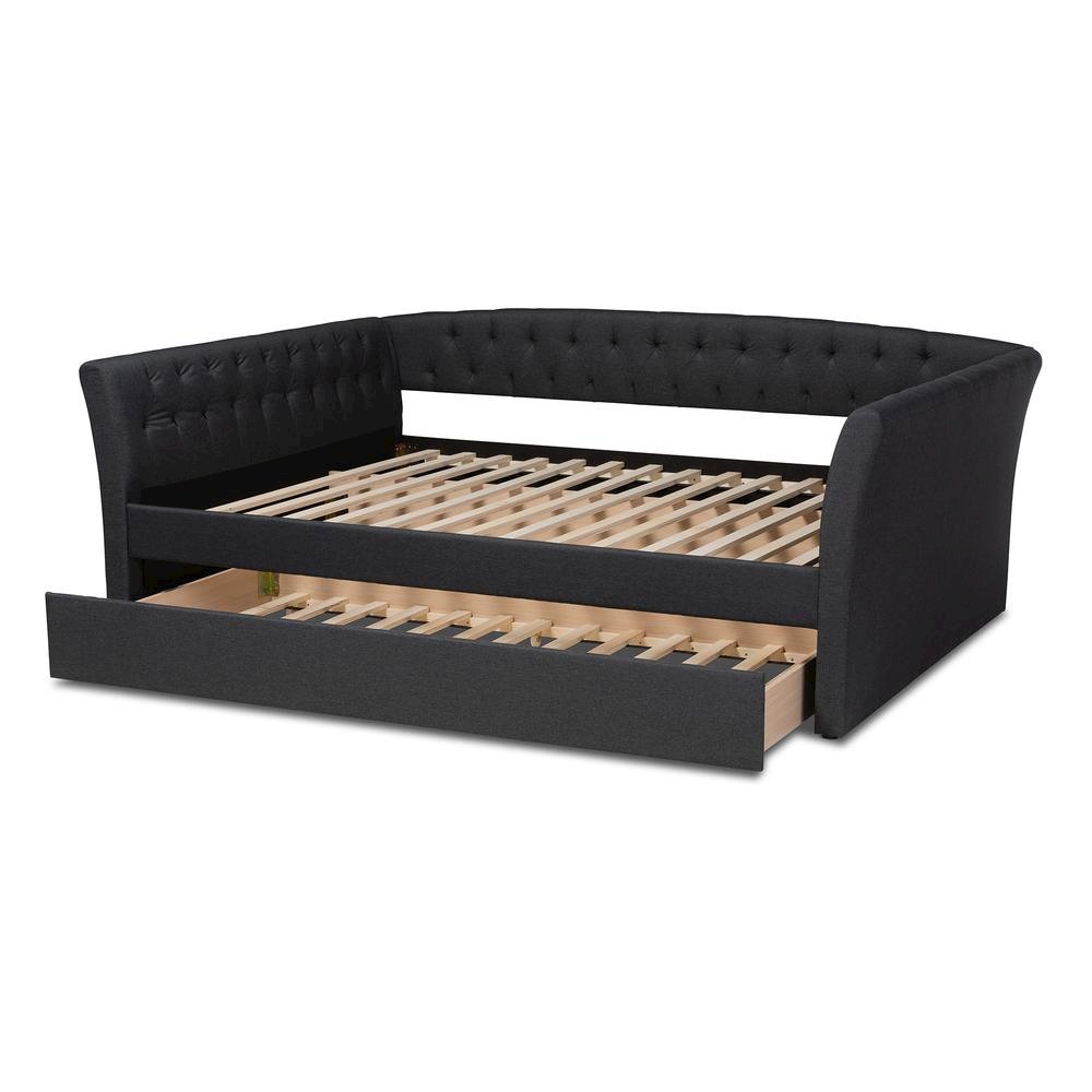 Dark Grey Fabric Upholstered Full Size Daybed with Roll-Out Trundle Bed. Picture 16