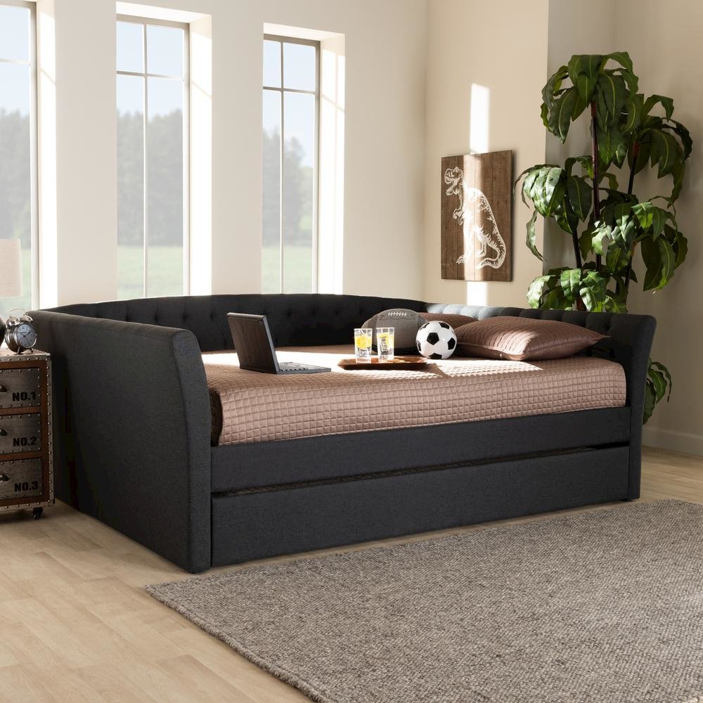 Dark Grey Fabric Upholstered Full Size Daybed with Roll-Out Trundle Bed. Picture 18