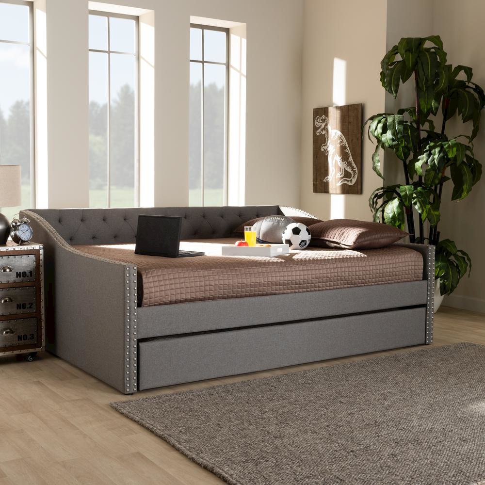 Light Grey Fabric Upholstered Full Size Daybed with Roll-Out Trundle Bed. Picture 20