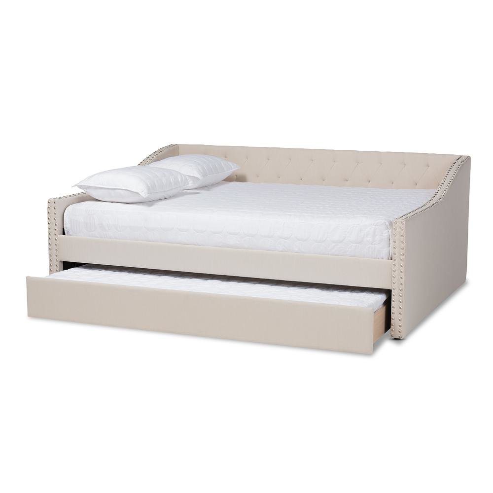 Beige Fabric Upholstered Full Size Daybed with Roll-Out Trundle Bed. Picture 14