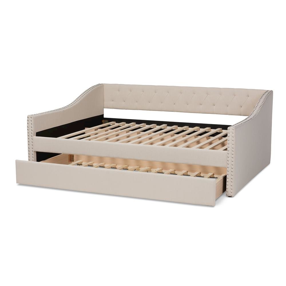 Beige Fabric Upholstered Full Size Daybed with Roll-Out Trundle Bed. Picture 17