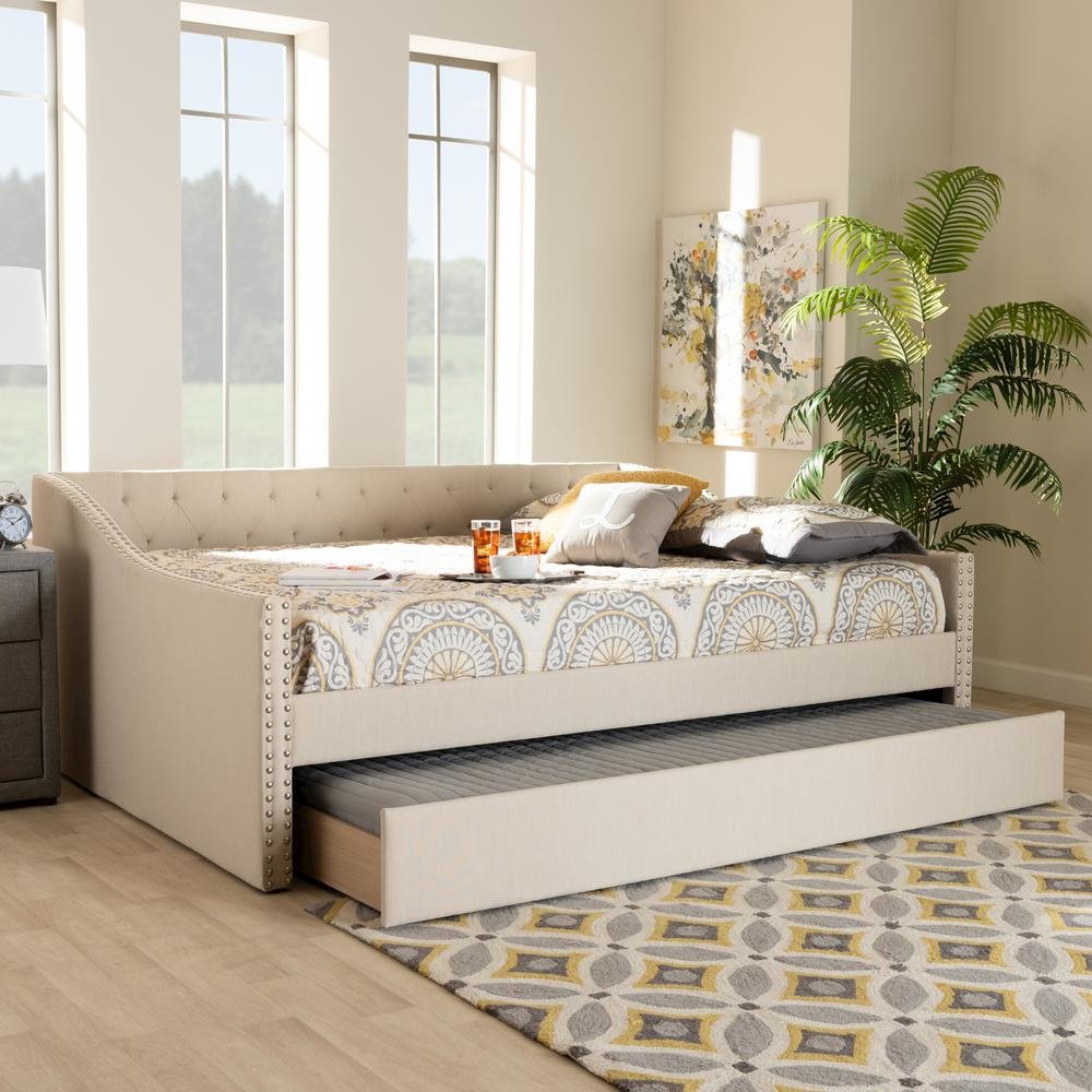 Beige Fabric Upholstered Full Size Daybed with Roll-Out Trundle Bed. Picture 21