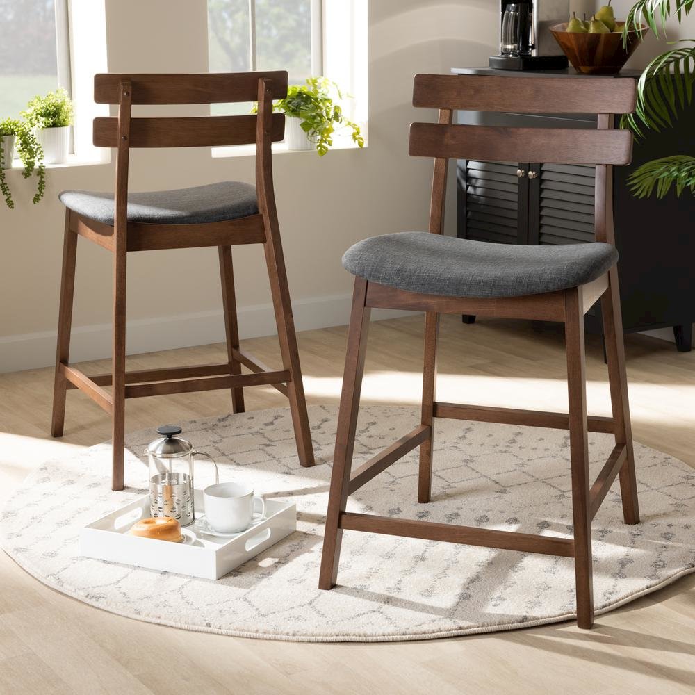 Dark Grey Fabric Upholstered Walnut Finished 2-Piece Wood Counter Stool Set. Picture 16