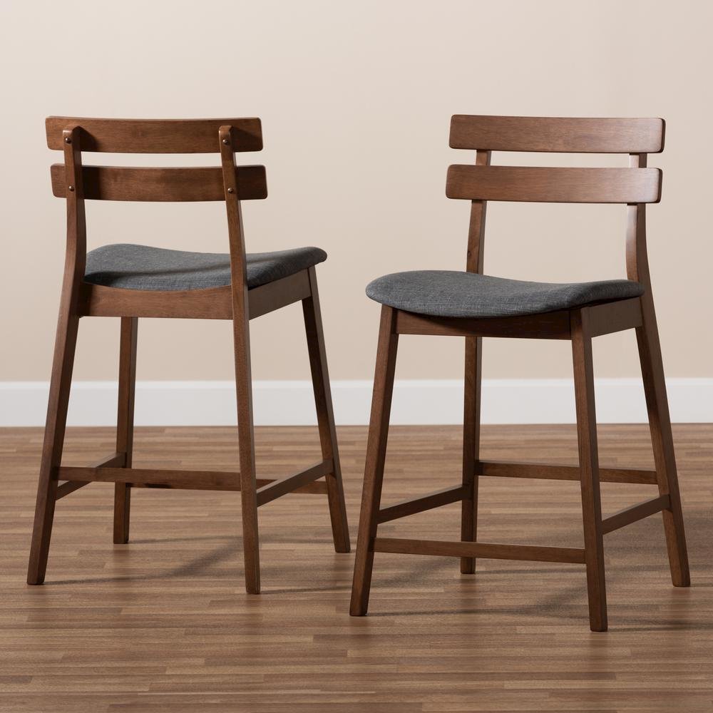 Dark Grey Fabric Upholstered Walnut Finished 2-Piece Wood Counter Stool Set. Picture 17