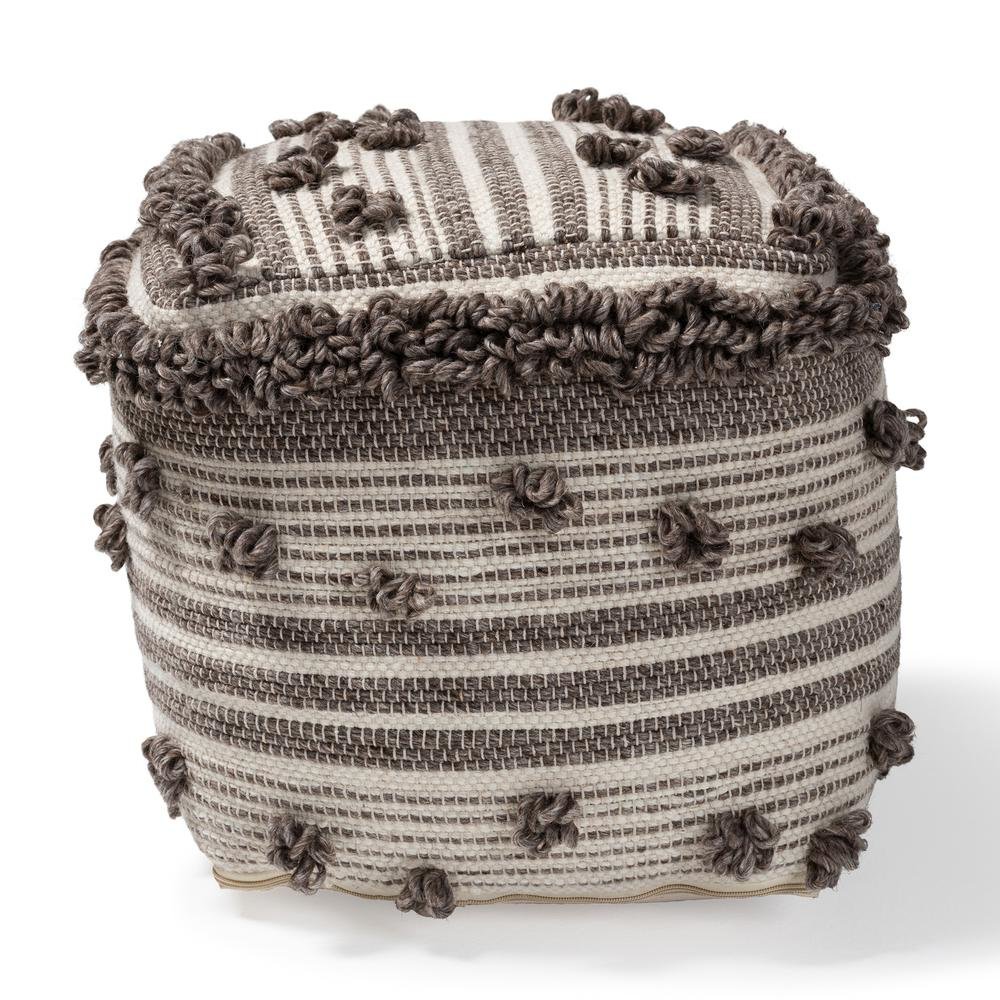 Eligah Moroccan Inspired Ivory and Brown Handwoven Wool Pouf Ottoman. Picture 8
