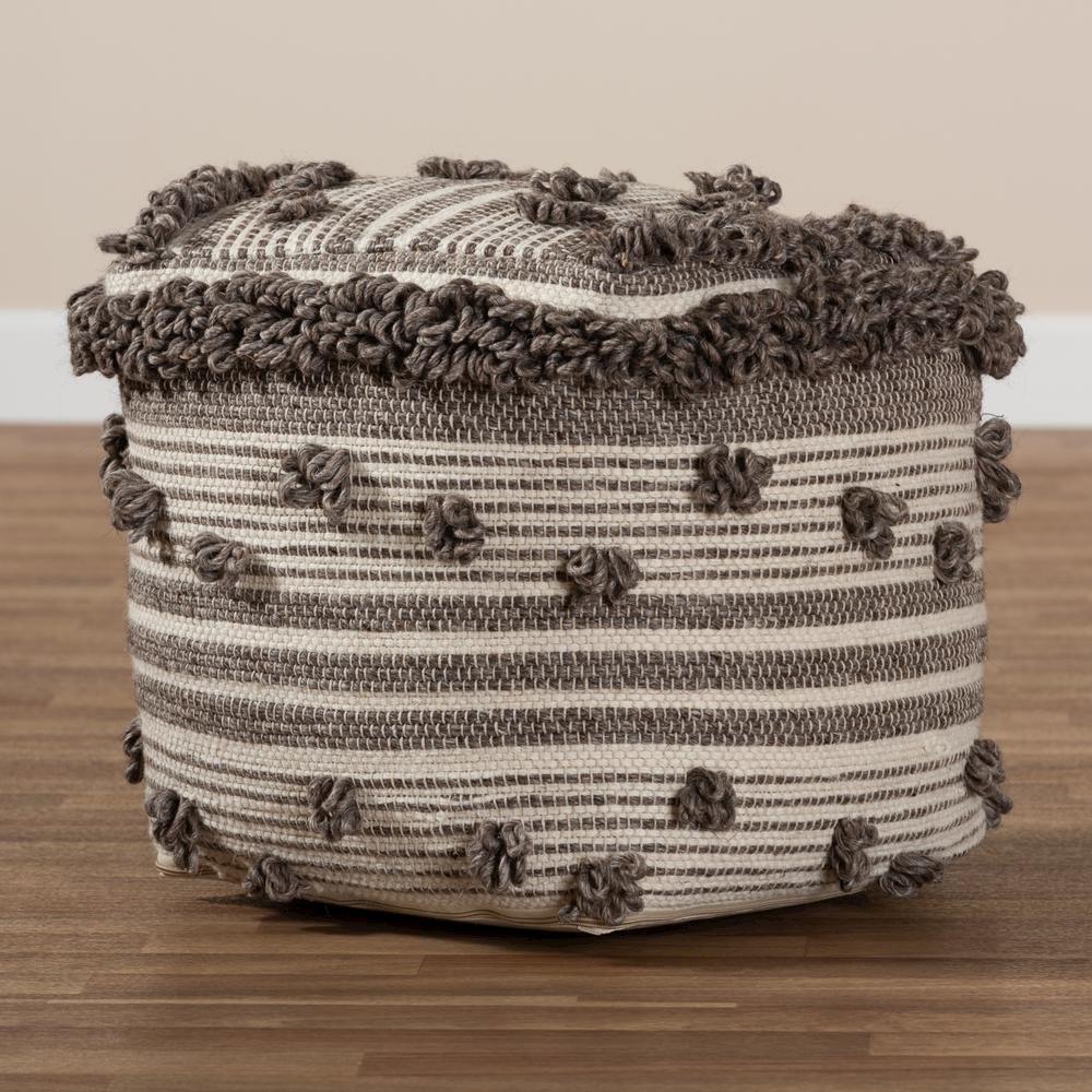 Eligah Moroccan Inspired Ivory and Brown Handwoven Wool Pouf Ottoman. Picture 11