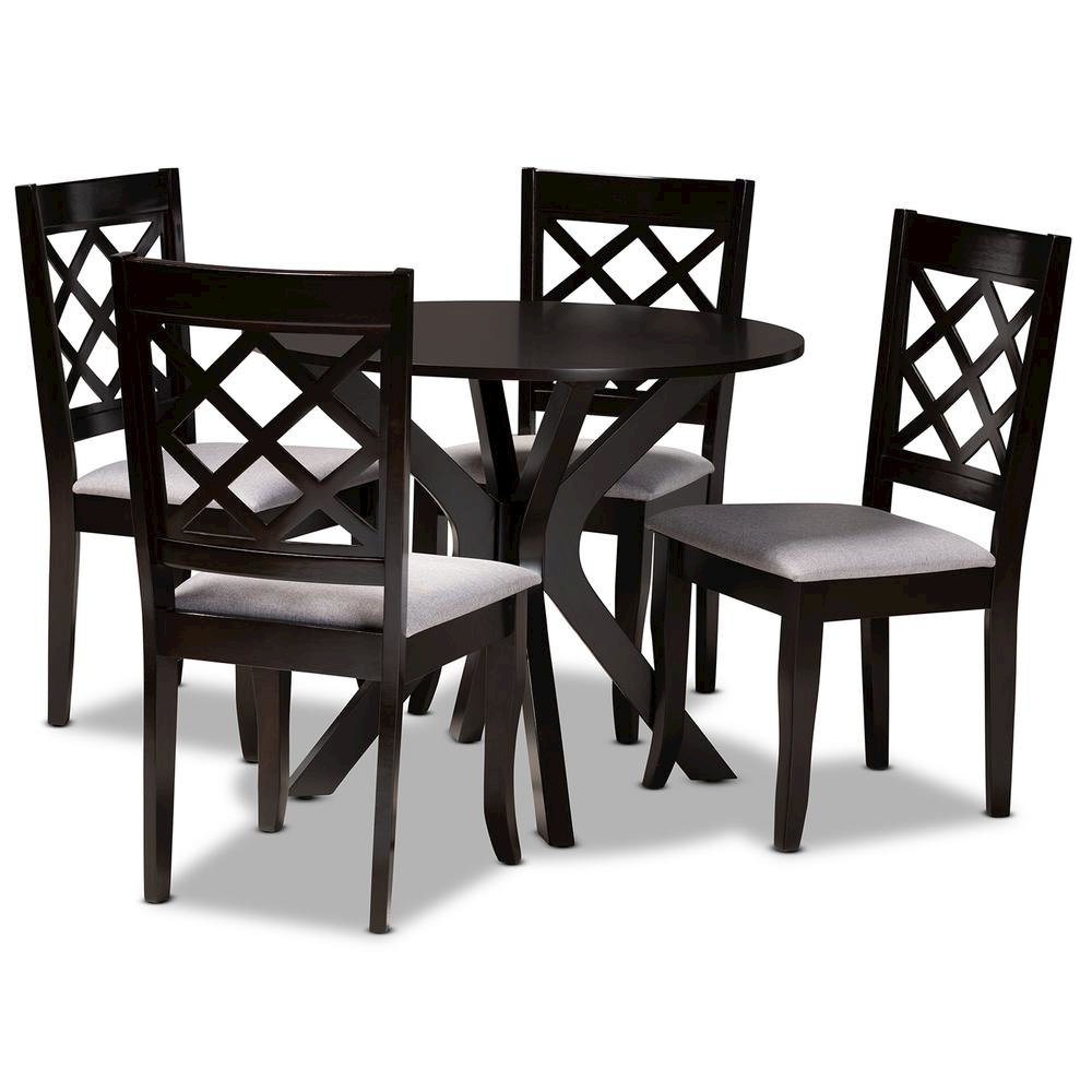 Grey Fabric Upholstered and Dark Brown Finished Wood 5-Piece Dining Set. Picture 10
