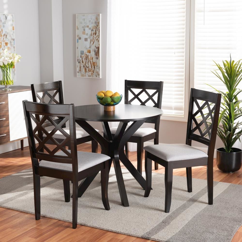Grey Fabric Upholstered and Dark Brown Finished Wood 5-Piece Dining Set. Picture 16