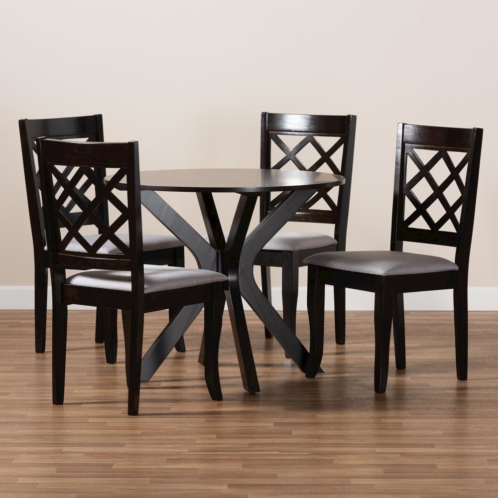 Grey Fabric Upholstered and Dark Brown Finished Wood 5-Piece Dining Set. Picture 17