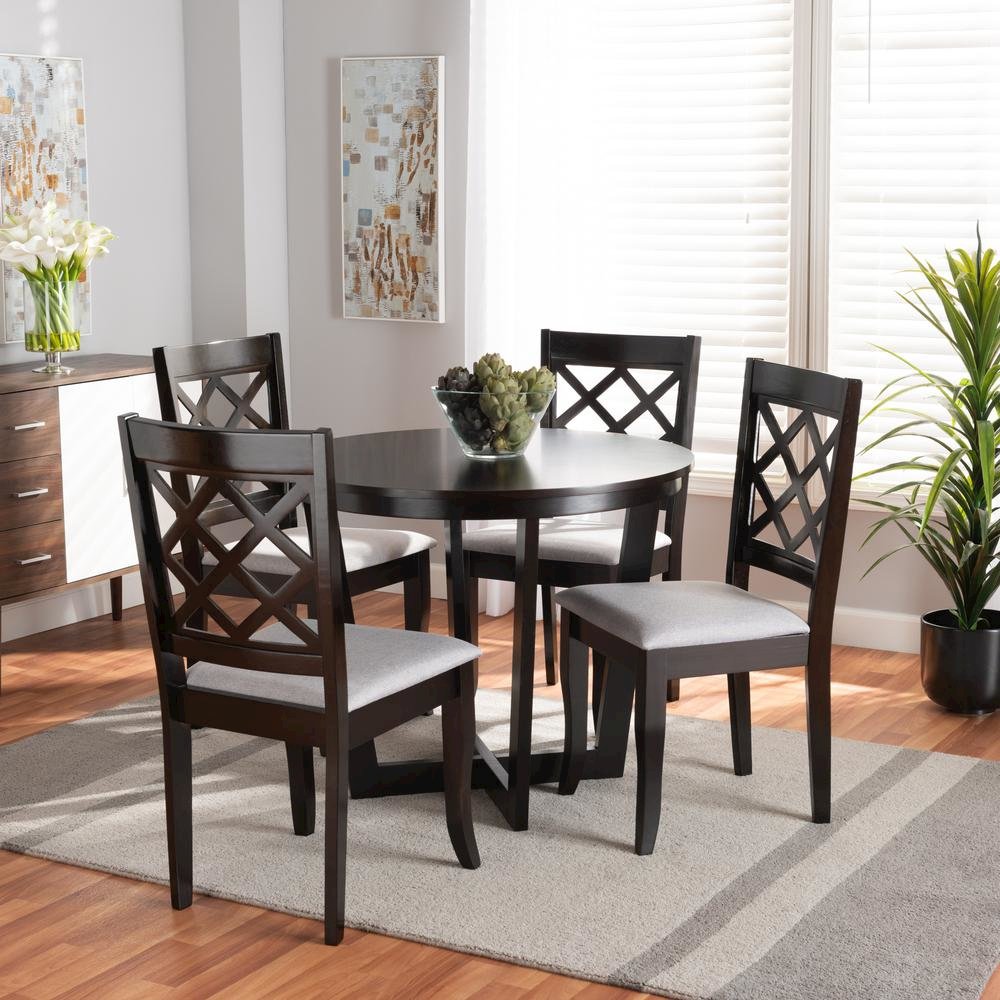 Grey Fabric Upholstered and Dark Brown Finished Wood 5-Piece Dining Set. Picture 16