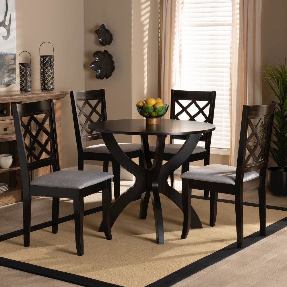 Grey Fabric Upholstered and Dark Brown Finished Wood 5-Piece Dining Set. Picture 16