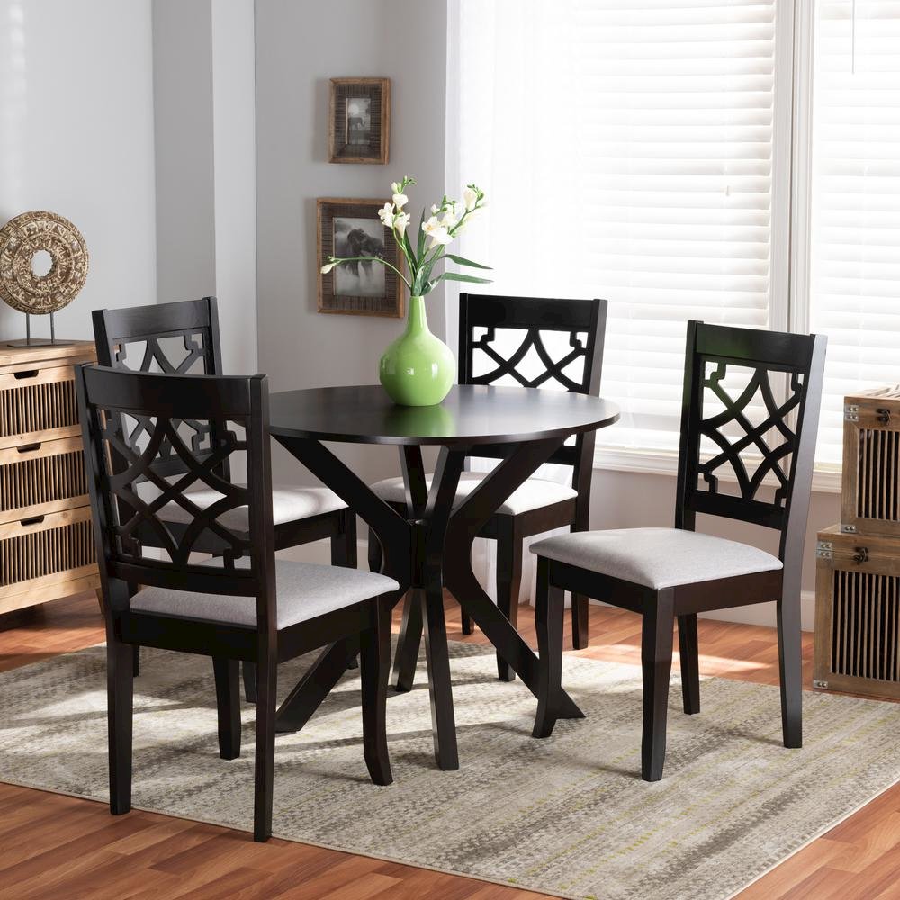 Grey Fabric Upholstered and Dark Brown Finished Wood 5-Piece Dining Set. Picture 14