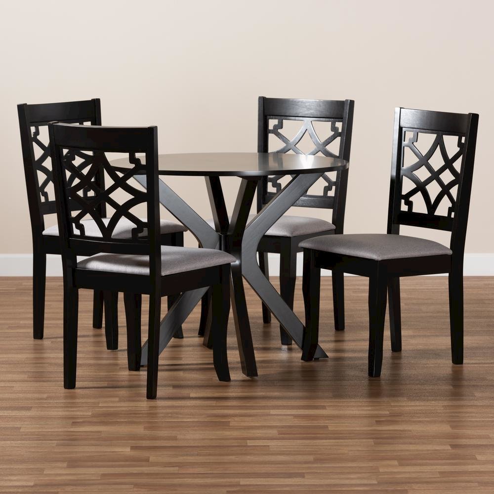 Grey Fabric Upholstered and Dark Brown Finished Wood 5-Piece Dining Set. Picture 15